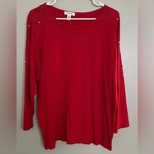 Calvin Klein Red Sweater Long Sleeve Embellished Beaded Neckline Women’s Size L